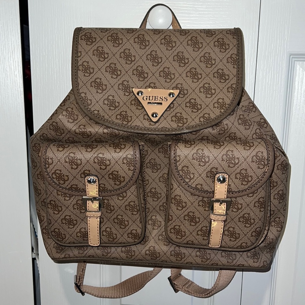 GUESS Drawstring Backpack | Tan & Printed | NWT